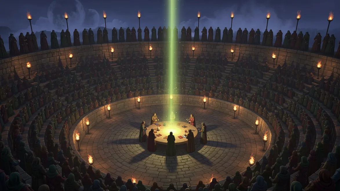 A great stone amphitheatre at night, tier upon tier of hooded spectators around a ring of torches, and at its centre a small table of players under a column of green light.