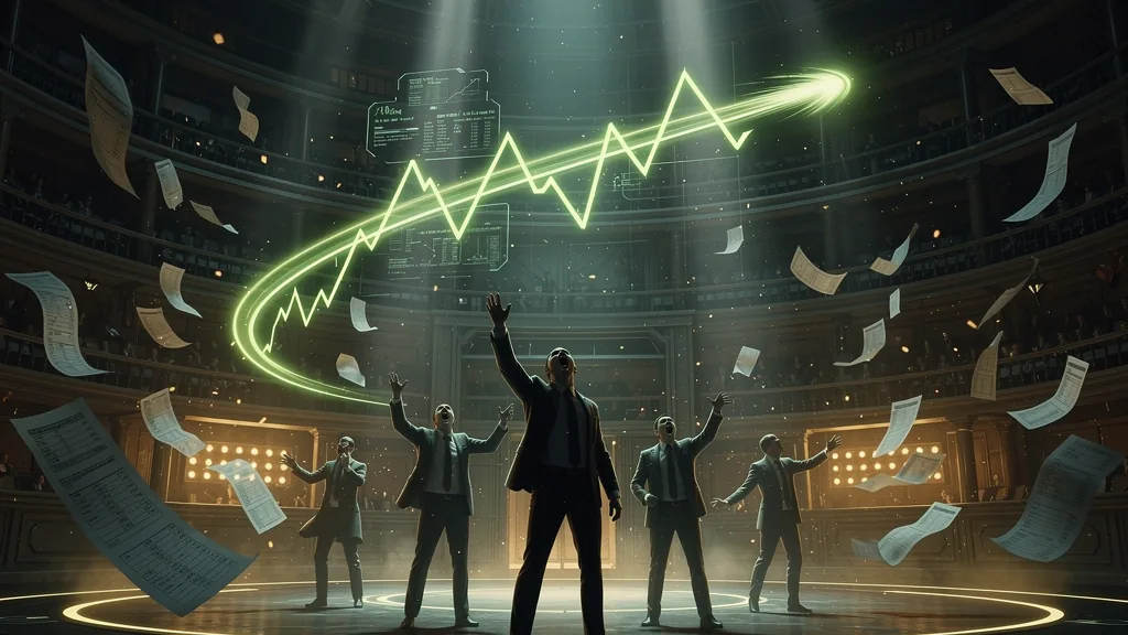 A trader stands with both arms raised on the floor of an exchange, paper orders falling all around him and a green price line whipping overhead.