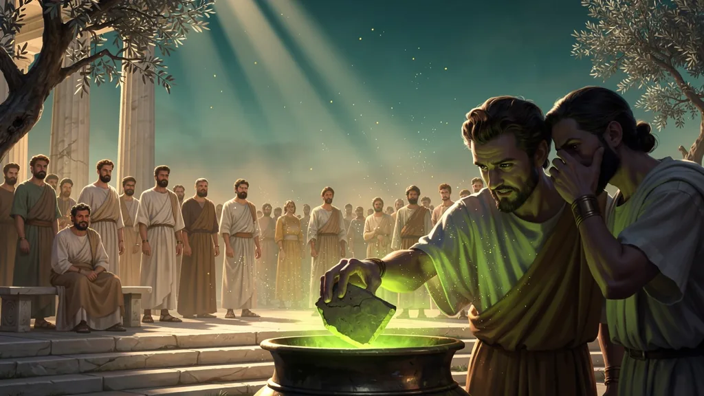 Two citizens lean their heads together over a bronze urn in an olive grove, one dropping a shard into it while the assembly watches from the temple steps; the urn glows green.