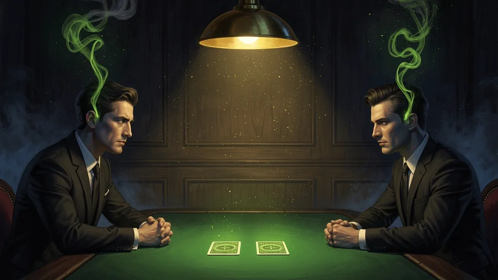 Two men in dark suits sit motionless across a green card table under a single lamp, one face-down card each, green smoke rising from their heads like thoughts being read.