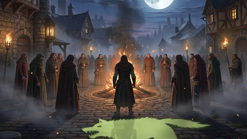 A hooded figure stands alone before the village bonfire at night, ringed by torchlit villagers — and the shadow thrown across the cobbles in front of them is a wolf's.
